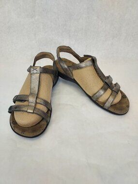Taos Trophy 2 Comfort Sandal Women's 7 Silver Metallic Leather Strappy Hook/Loop